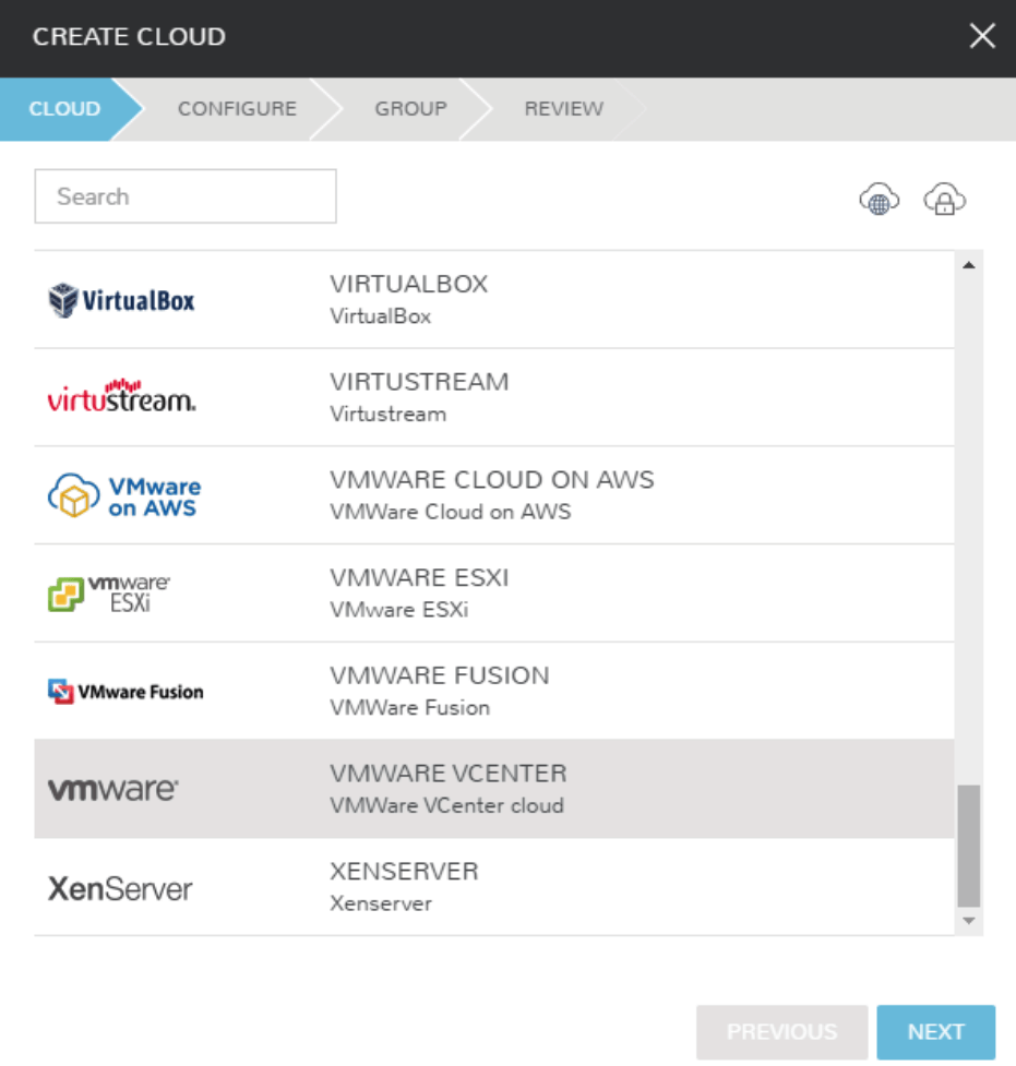 The list of clouds available to integrate with, vCenter is selected