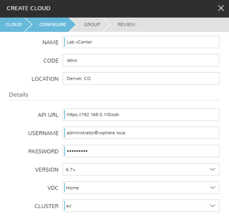 The create cloud dialog box with relevant fields filled