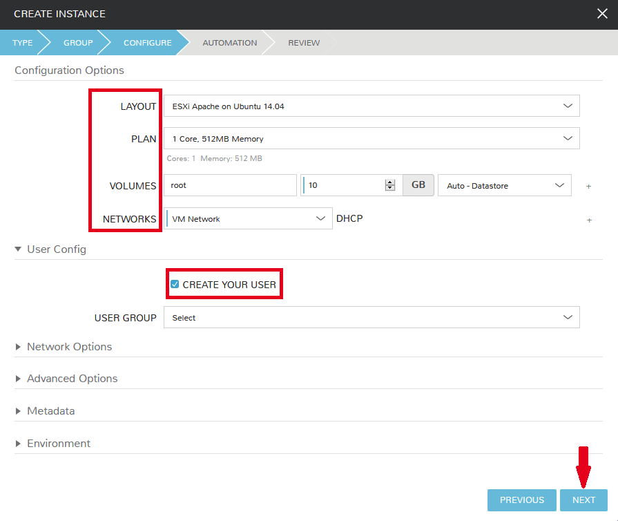 The configure tab of the create instance dialog box