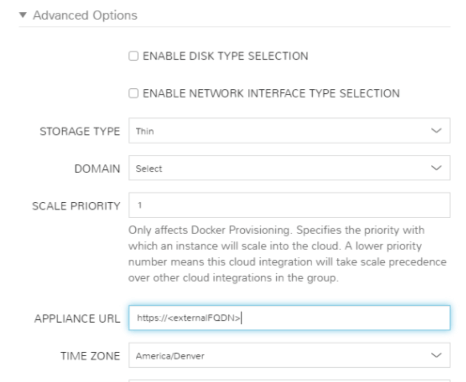 The advanced options section of the create cloud dialog box