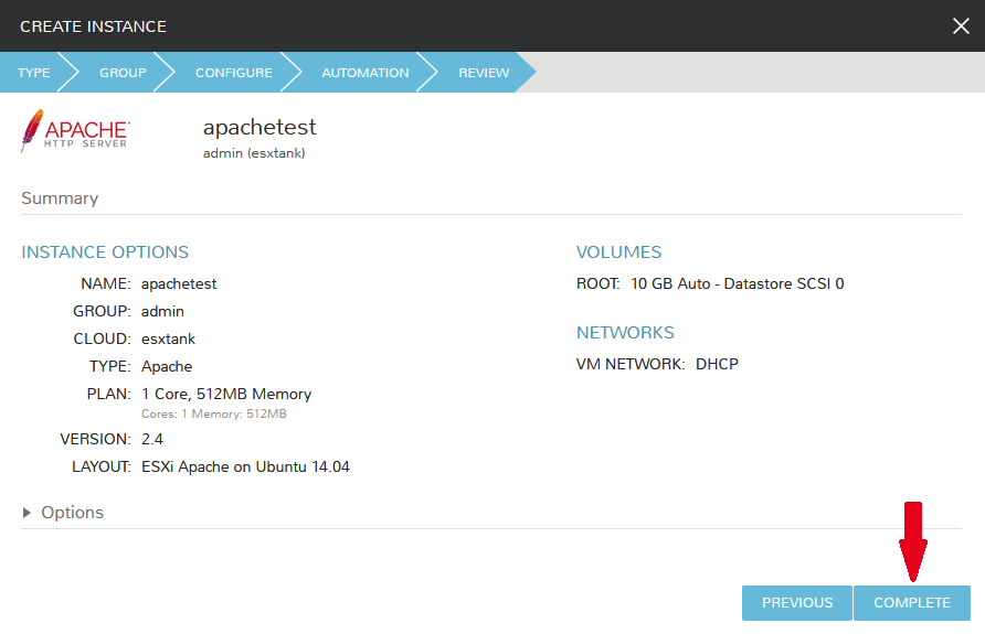 Confirming the instance to be provisioned