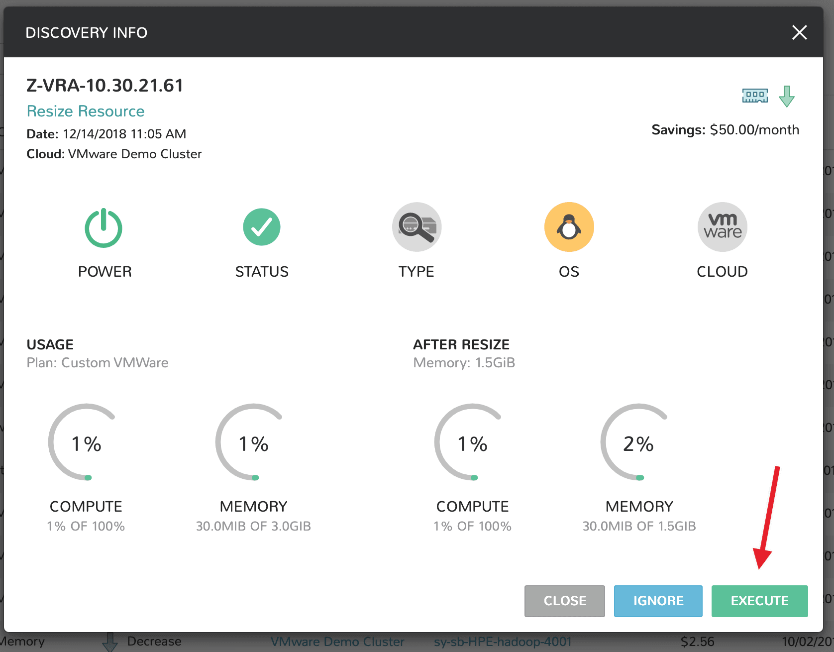 The execute button allows the user to immediately take action on a sizing recommendation