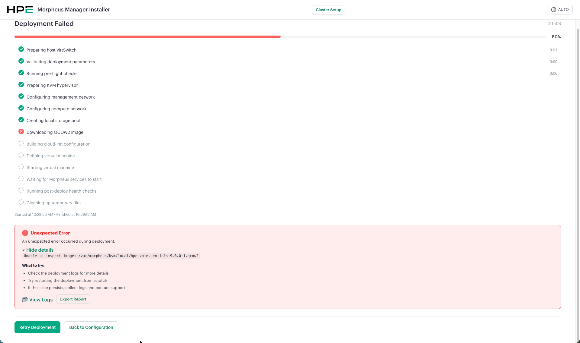 HPE Morpheus Installer - Deployment failure details