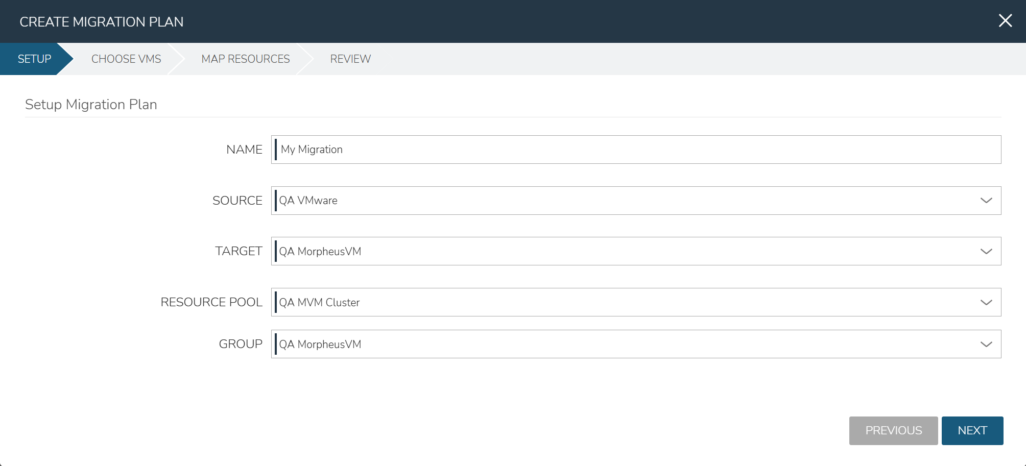 The SETUP tab of the CREATE MIGRATION PLAN modal.