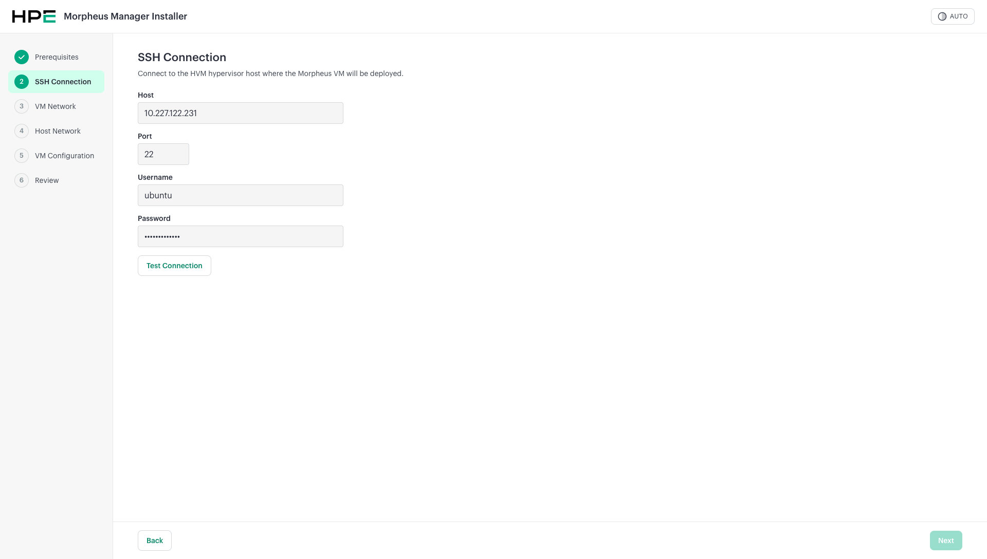 HPE Morpheus Installer - SSH Connection screen