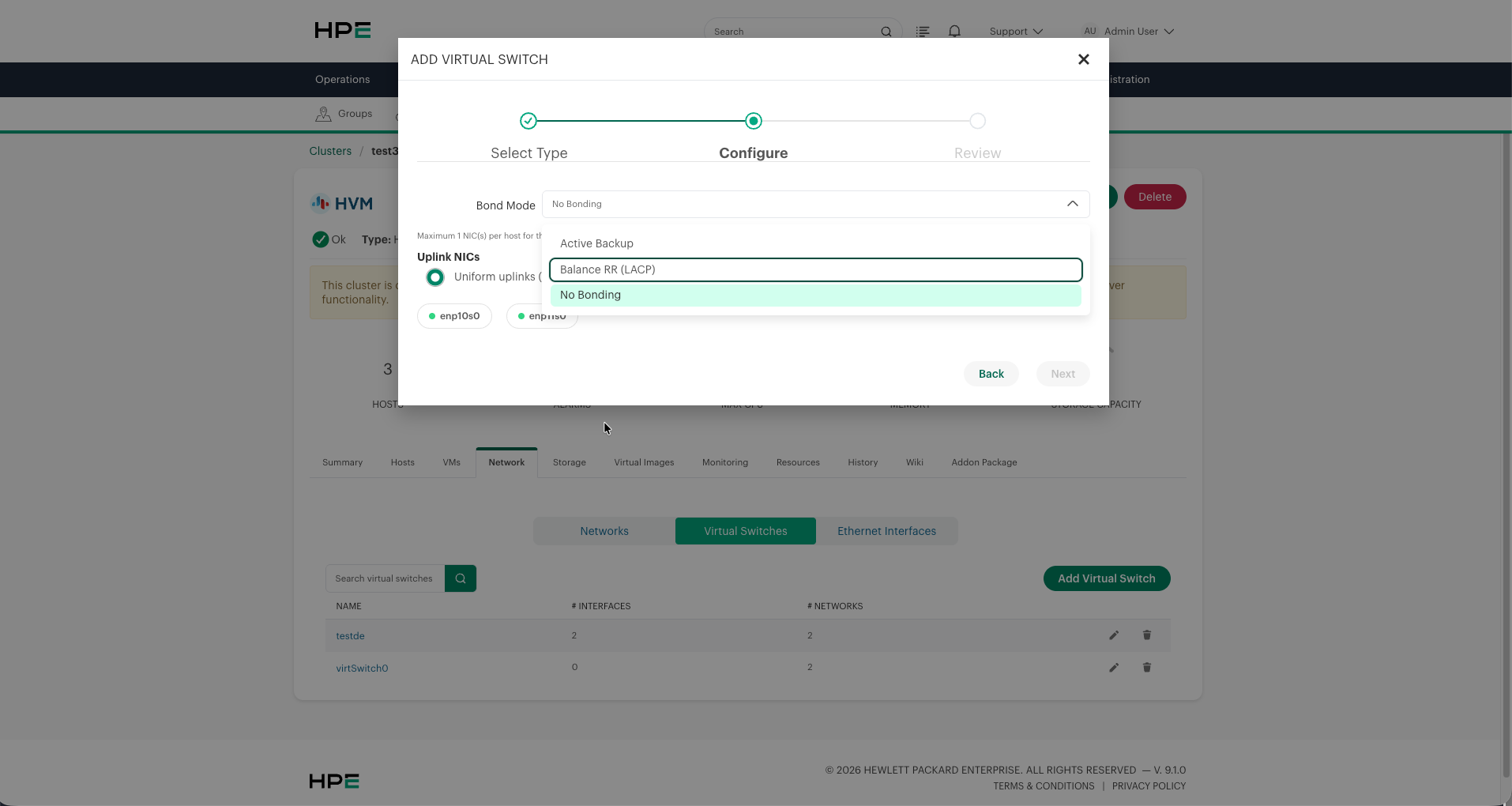 Bond mode dropdown showing available options