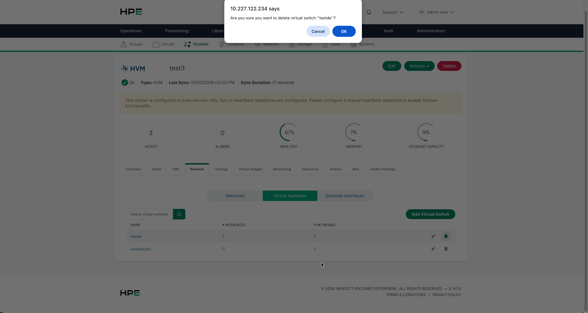 Delete Virtual Switch confirmation dialog