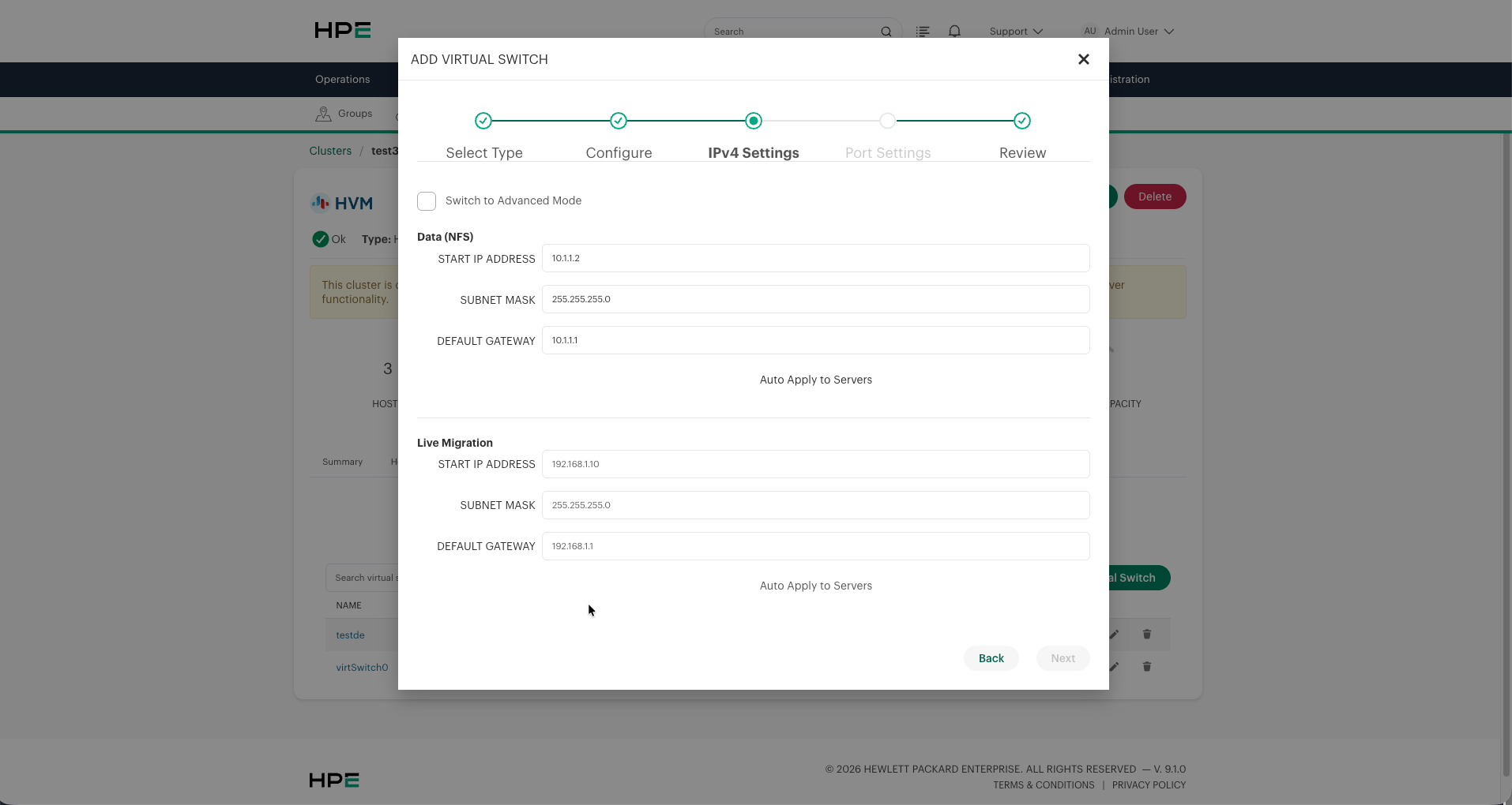 IPv4 Settings with Data (General) and Live Migration on different networks